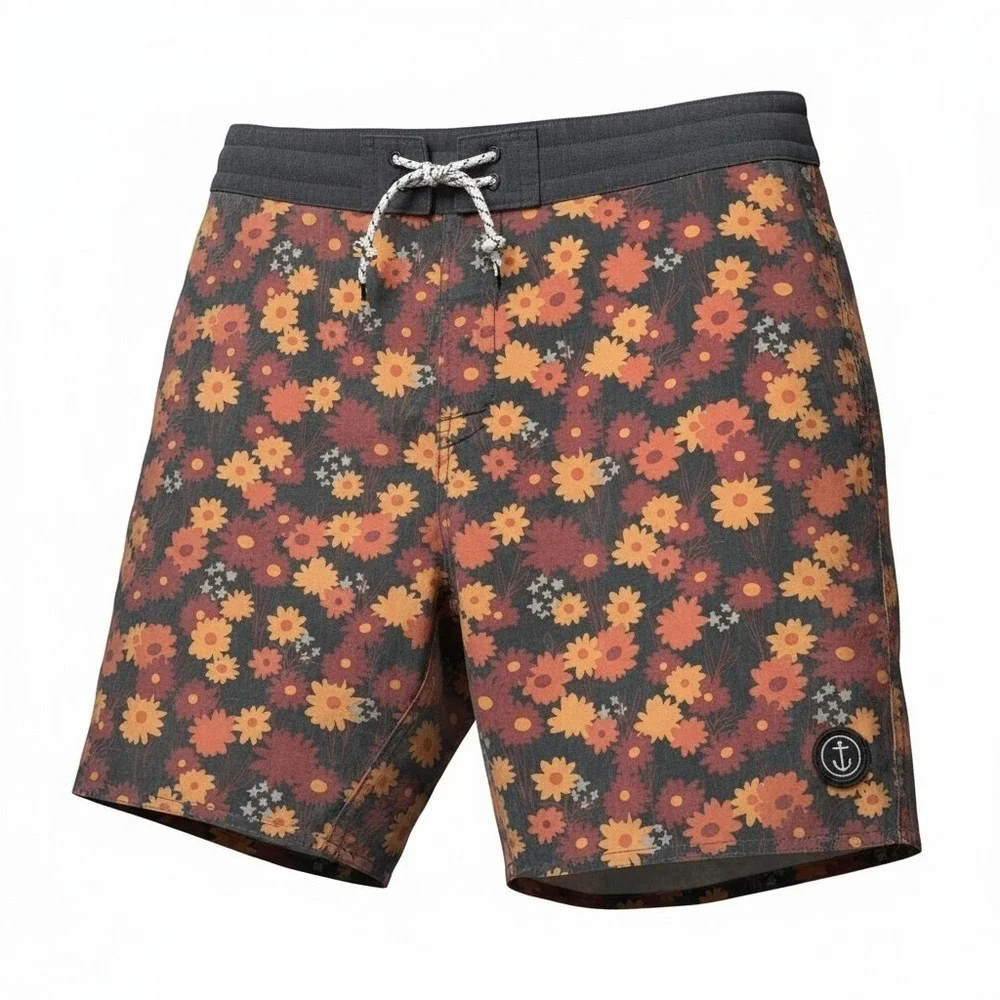 Captain Fin Board Shorts Men 34 Multi Floral Print Surf Trunks Anchor Patch
